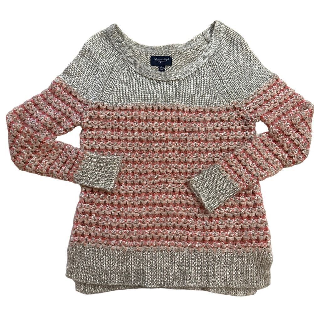 Grey and Pink striped crew neck loose knit sweater Small